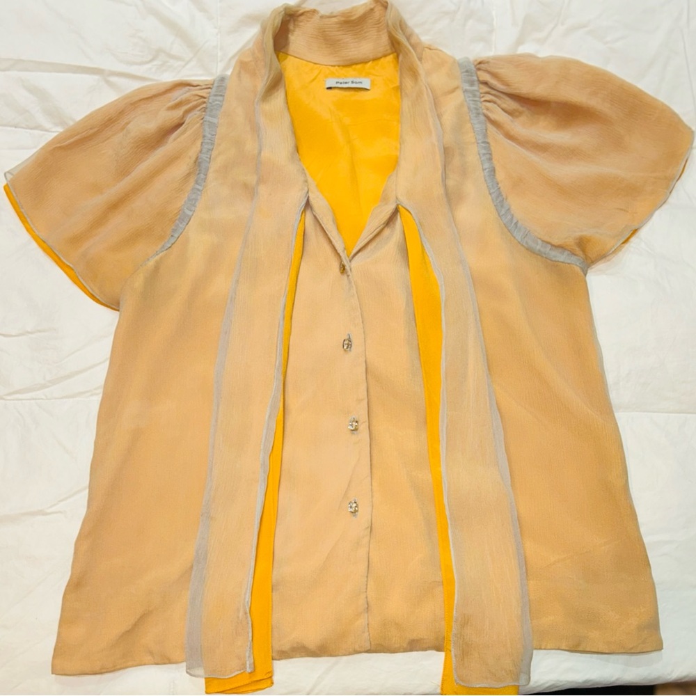 Peter Som Lux Line 100% Silk Sheer Layered Ruffle Tie Neck Blouse Gray Yellow